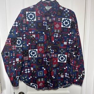 Vintage Separate Scene Patchwork Print 100% Cotton Button Down, Oversized